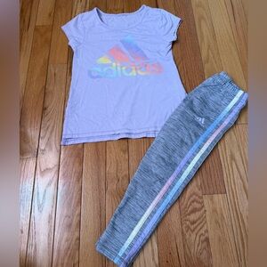Adidas Kids Gray Leggings with Pastel Stripes with matching light purple shirt